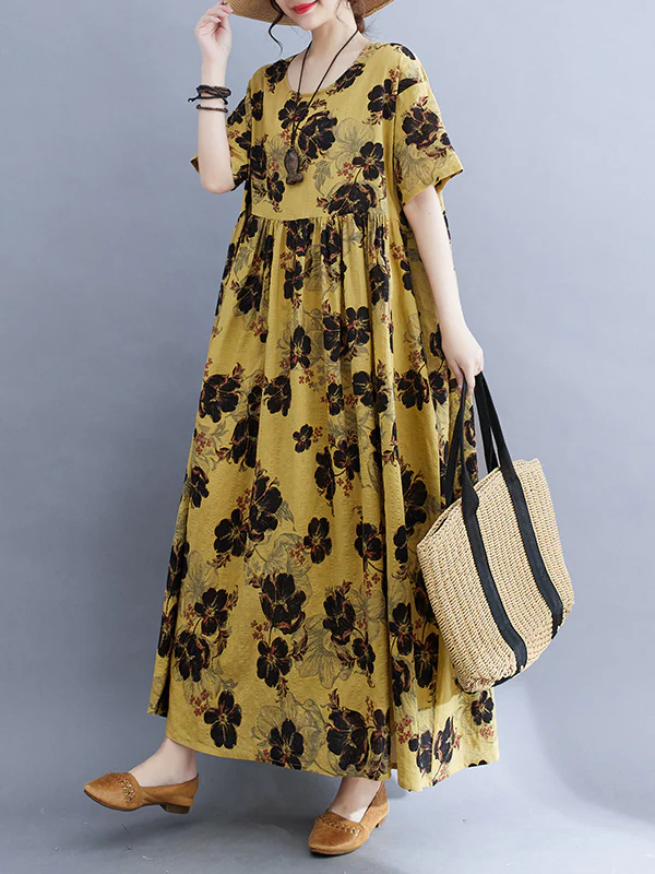 Loose Short Sleeves Pleated Printed Split-Joint Round-Neck Midi Dresses - Image 11