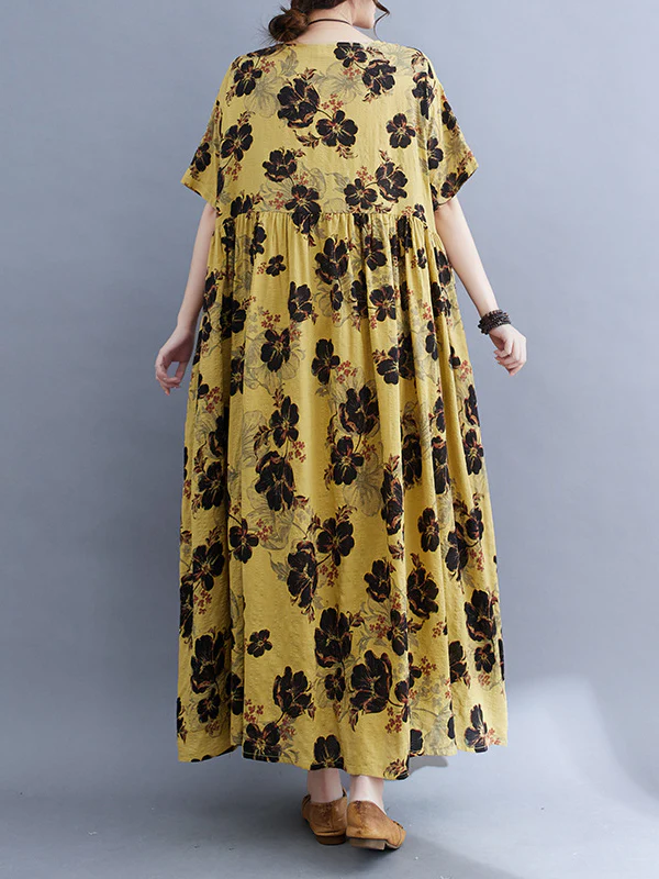Loose Short Sleeves Pleated Printed Split-Joint Round-Neck Midi Dresses - Image 12