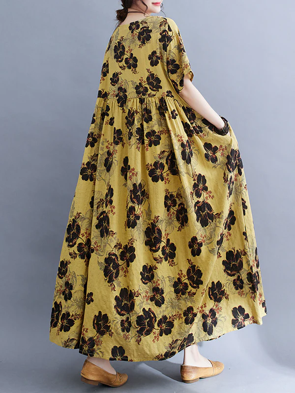Loose Short Sleeves Pleated Printed Split-Joint Round-Neck Midi Dresses - Image 13