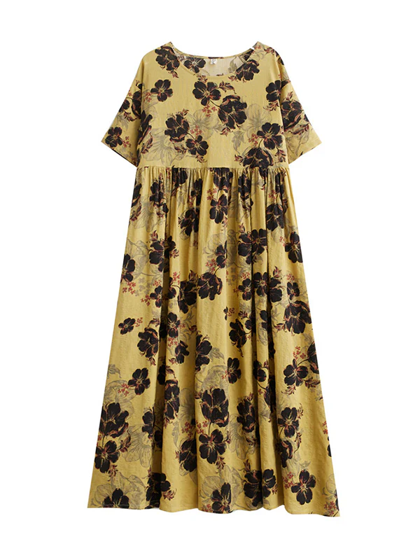 Loose Short Sleeves Pleated Printed Split-Joint Round-Neck Midi Dresses - Image 14