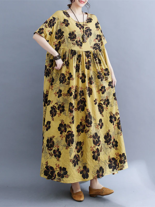 Loose Short Sleeves Pleated Printed Split-Joint Round-Neck Midi Dresses - Image 2