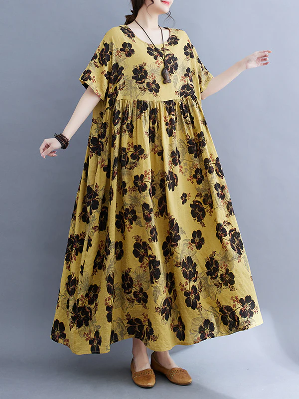 Loose Short Sleeves Pleated Printed Split-Joint Round-Neck Midi Dresses - Image 3