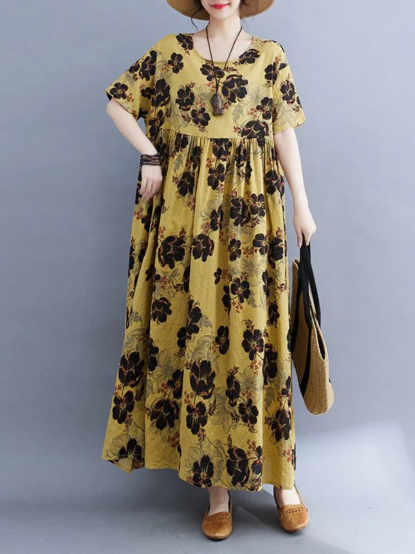 Loose Short Sleeves Pleated Printed Split-Joint Round-Neck Midi Dresses - Image 4