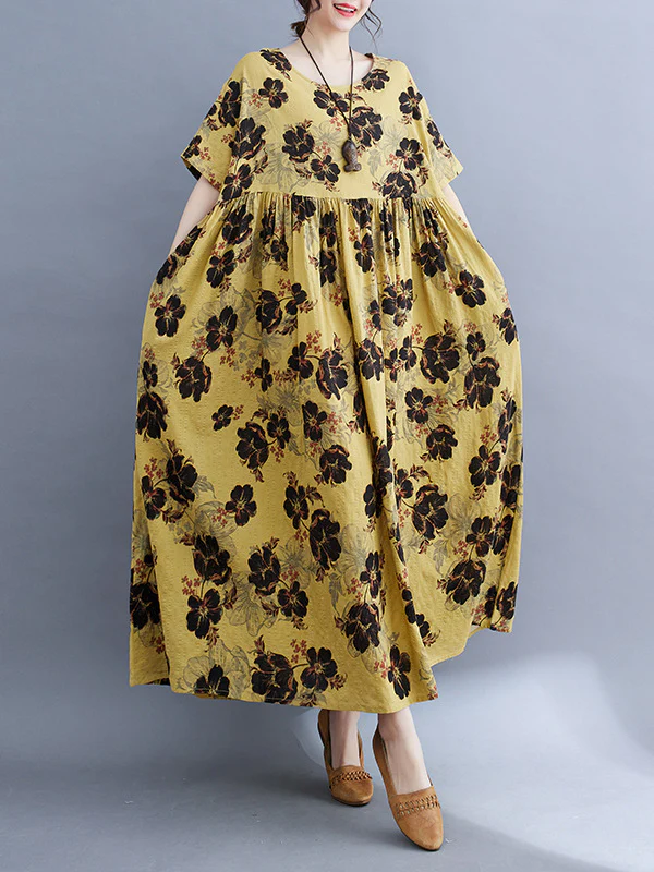 Loose Short Sleeves Pleated Printed Split-Joint Round-Neck Midi Dresses - Image 5