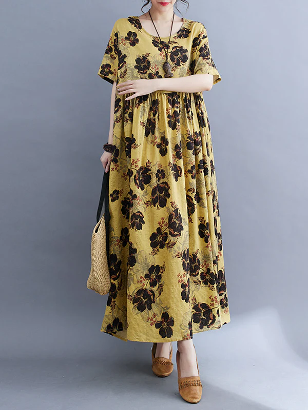 Loose Short Sleeves Pleated Printed Split-Joint Round-Neck Midi Dresses - Image 6