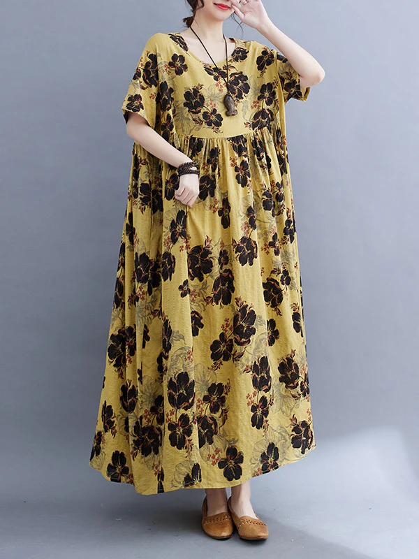 Loose Short Sleeves Pleated Printed Split-Joint Round-Neck Midi Dresses - Image 7