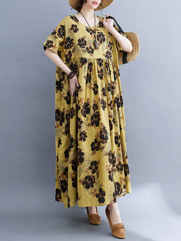 Loose Short Sleeves Pleated Printed Split-Joint Round-Neck Midi Dresses - Image 8