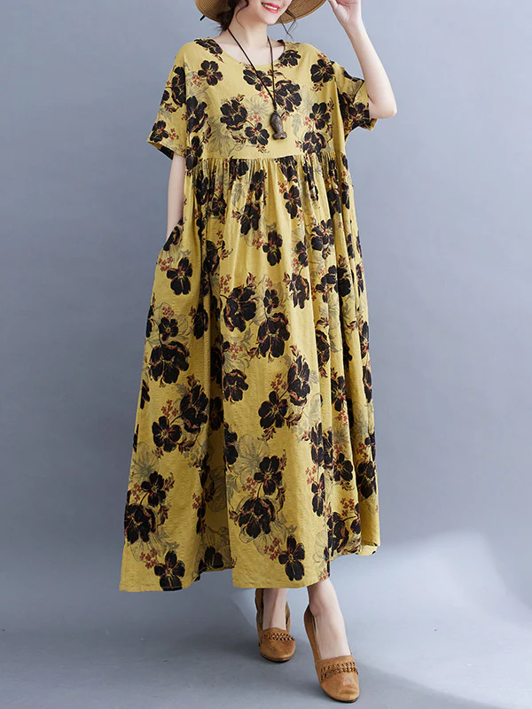Loose Short Sleeves Pleated Printed Split-Joint Round-Neck Midi Dresses - Image 9