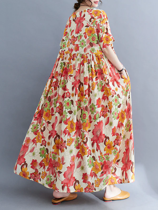 Loose Short Sleeves Pleated Printed Split-Joint Round-Neck Midi Dresses - Image 10