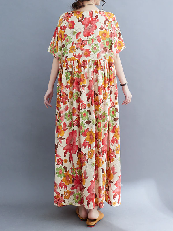 Loose Short Sleeves Pleated Printed Split-Joint Round-Neck Midi Dresses - Image 11