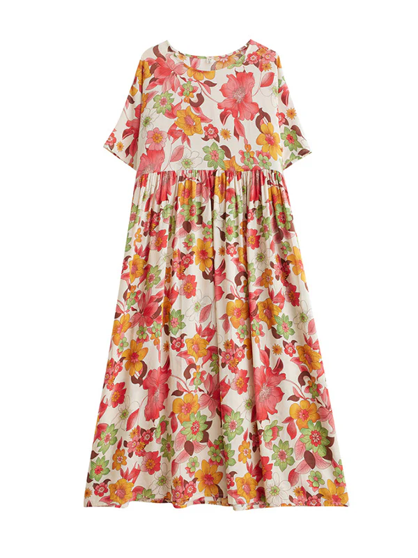 Loose Short Sleeves Pleated Printed Split-Joint Round-Neck Midi Dresses - Image 12