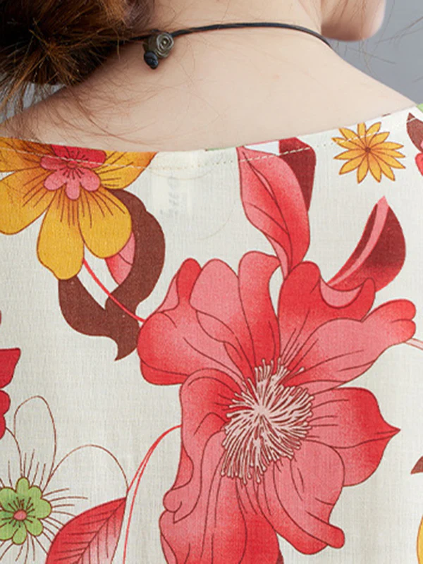 Loose Short Sleeves Pleated Printed Split-Joint Round-Neck Midi Dresses - Image 14
