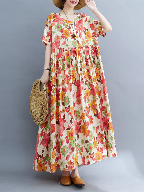 Loose Short Sleeves Pleated Printed Split-Joint Round-Neck Midi Dresses - Image 2