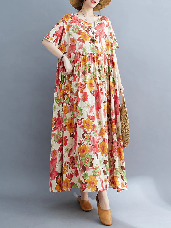Loose Short Sleeves Pleated Printed Split-Joint Round-Neck Midi Dresses - Image 3