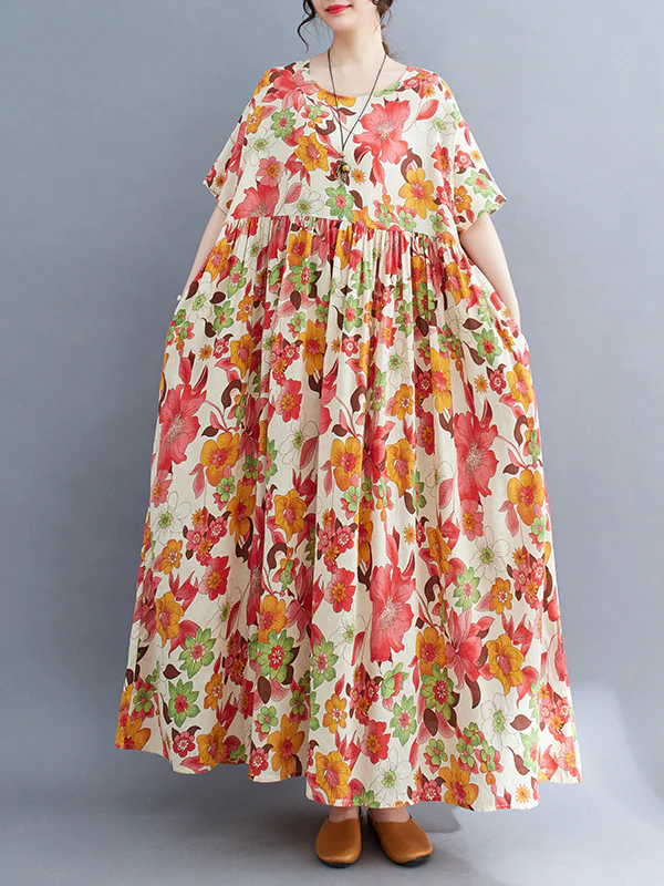 Loose Short Sleeves Pleated Printed Split-Joint Round-Neck Midi Dresses - Image 4