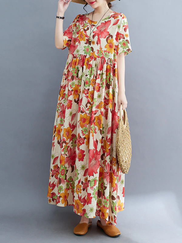 Loose Short Sleeves Pleated Printed Split-Joint Round-Neck Midi Dresses - Image 5