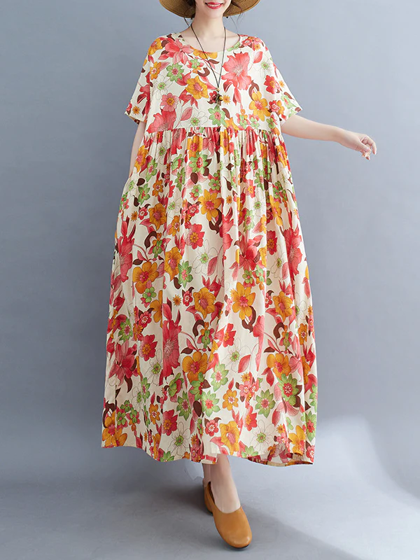Loose Short Sleeves Pleated Printed Split-Joint Round-Neck Midi Dresses - Image 6