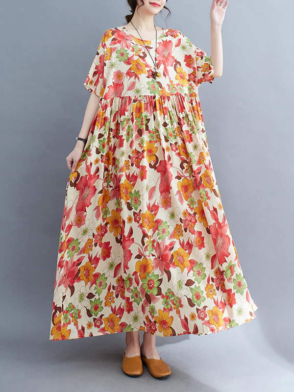 Loose Short Sleeves Pleated Printed Split-Joint Round-Neck Midi Dresses - Image 7