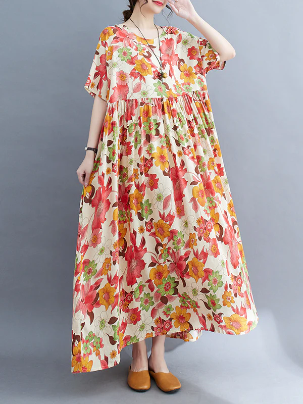 Loose Short Sleeves Pleated Printed Split-Joint Round-Neck Midi Dresses - Image 8