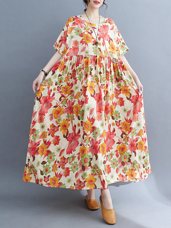 Loose Short Sleeves Pleated Printed Split-Joint Round-Neck Midi Dresses - Image 9