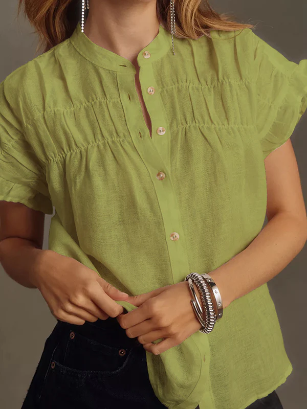 Loose Short Sleeves Pleated Ruffled See-Through Split-Joint Round-Neck Blouses&Shirts Tops - Image 2