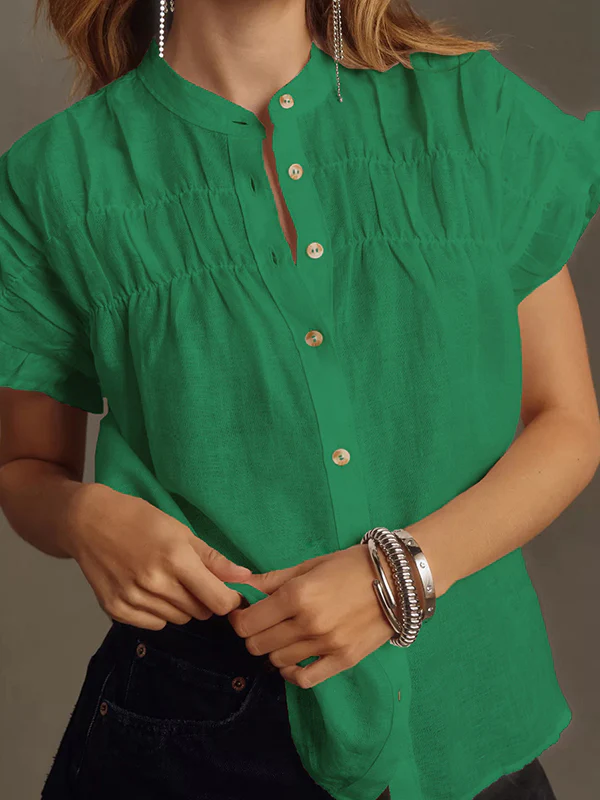 Loose Short Sleeves Pleated Ruffled See-Through Split-Joint Round-Neck Blouses&Shirts Tops - Image 3