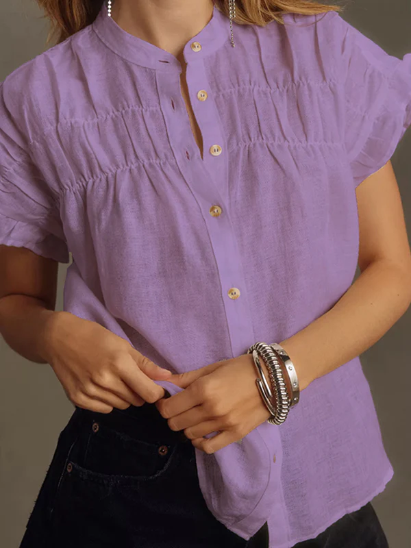 Loose Short Sleeves Pleated Ruffled See-Through Split-Joint Round-Neck Blouses&Shirts Tops - Image 4