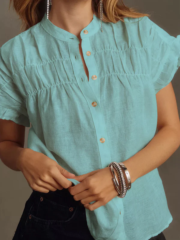 Loose Short Sleeves Pleated Ruffled See-Through Split-Joint Round-Neck Blouses&Shirts Tops - Image 5