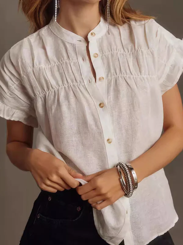 Loose Short Sleeves Pleated Ruffled See-Through Split-Joint Round-Neck Blouses&Shirts Tops - Image 6