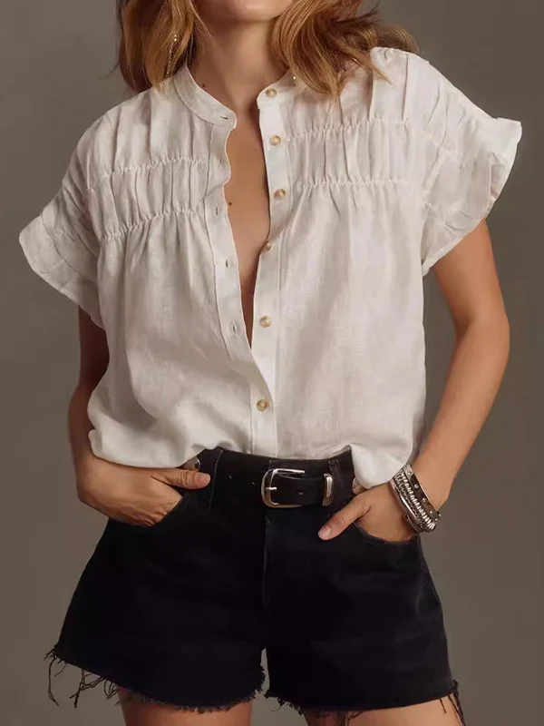 Loose Short Sleeves Pleated Ruffled See-Through Split-Joint Round-Neck Blouses&Shirts Tops - Image 7