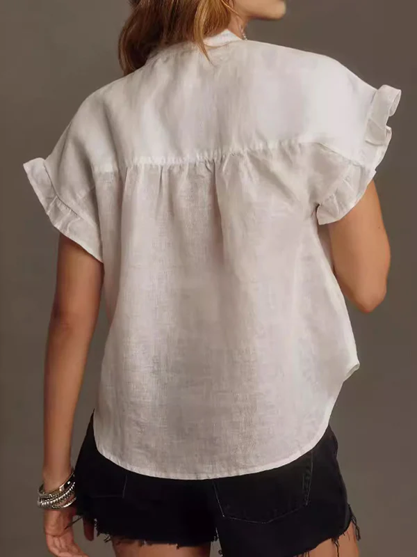 Loose Short Sleeves Pleated Ruffled See-Through Split-Joint Round-Neck Blouses&Shirts Tops - Image 9