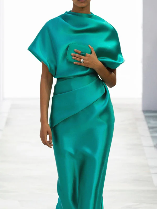 Loose Short Sleeves Pleated Solid Color Maxi Dresses - Image 2