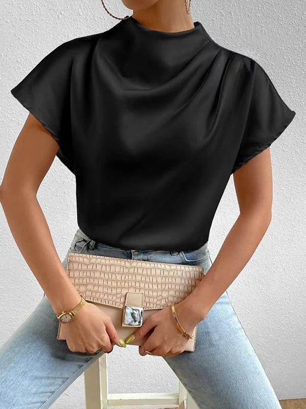 Loose Short Sleeves Pleated Solid Color Mock Neck T-Shirts Tops - Image 10