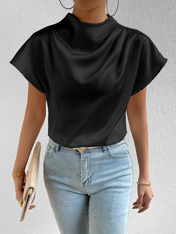 Loose Short Sleeves Pleated Solid Color Mock Neck T-Shirts Tops - Image 11
