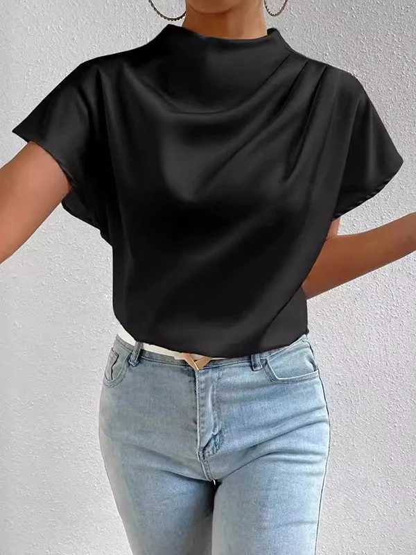 Loose Short Sleeves Pleated Solid Color Mock Neck T-Shirts Tops - Image 2