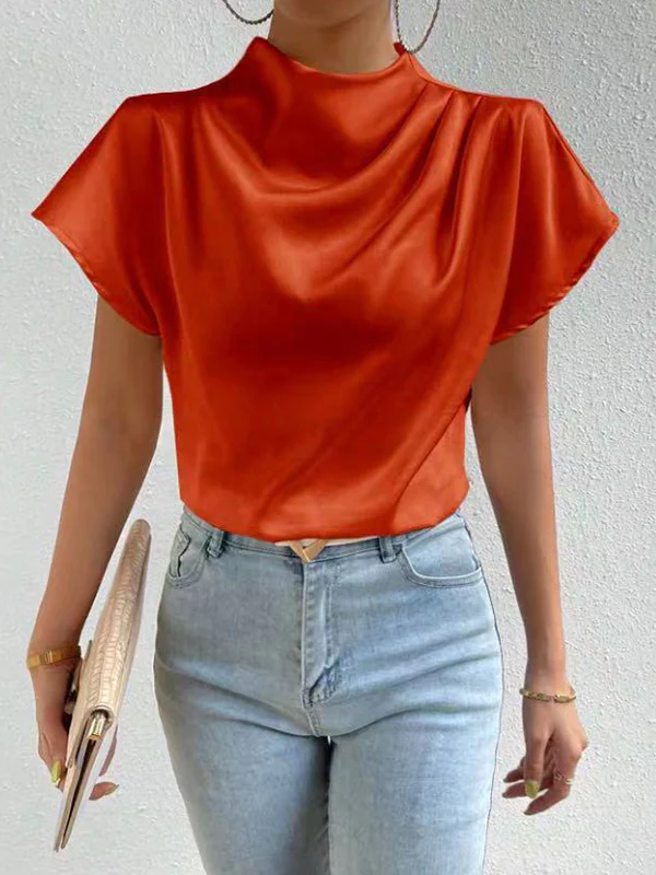 Loose Short Sleeves Pleated Solid Color Mock Neck T-Shirts Tops - Image 3