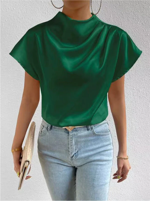 Loose Short Sleeves Pleated Solid Color Mock Neck T-Shirts Tops - Image 4