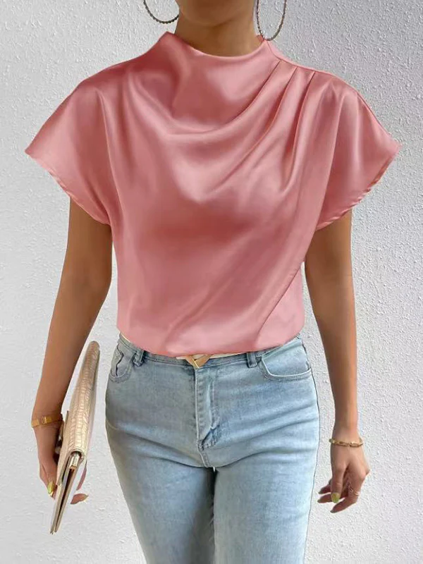 Loose Short Sleeves Pleated Solid Color Mock Neck T-Shirts Tops - Image 5
