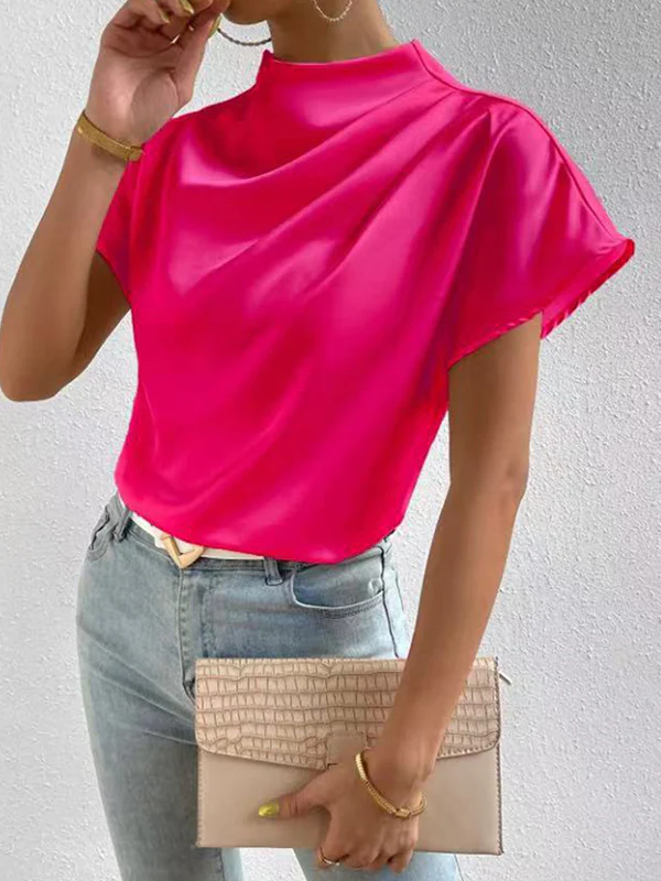 Loose Short Sleeves Pleated Solid Color Mock Neck T-Shirts Tops - Image 6