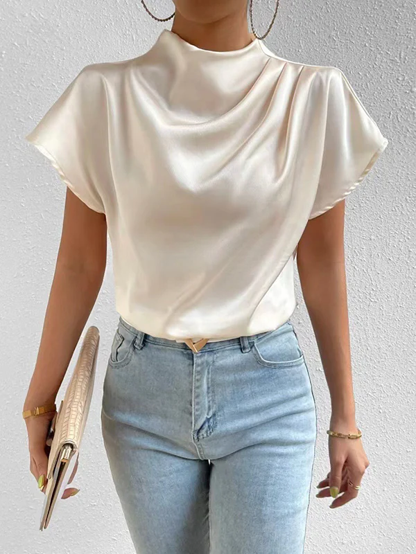 Loose Short Sleeves Pleated Solid Color Mock Neck T-Shirts Tops - Image 7
