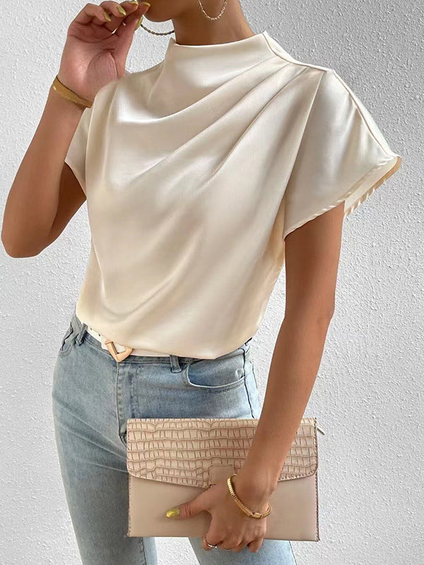Loose Short Sleeves Pleated Solid Color Mock Neck T-Shirts Tops - Image 8