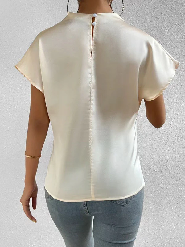 Loose Short Sleeves Pleated Solid Color Mock Neck T-Shirts Tops - Image 9