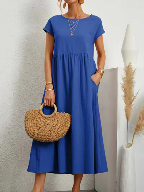 Loose Short Sleeves Pleated Solid Color Round-Neck Midi Dresses - Image 10