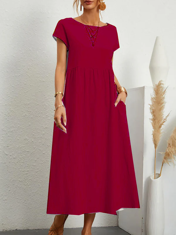 Loose Short Sleeves Pleated Solid Color Round-Neck Midi Dresses - Image 11