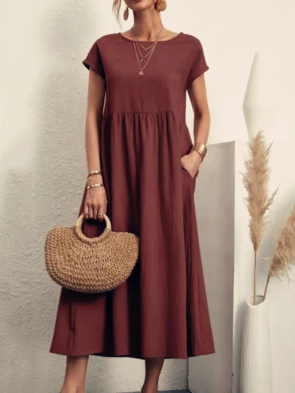 Loose Short Sleeves Pleated Solid Color Round-Neck Midi Dresses - Image 12