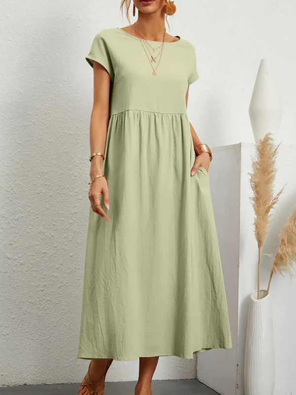 Loose Short Sleeves Pleated Solid Color Round-Neck Midi Dresses - Image 13