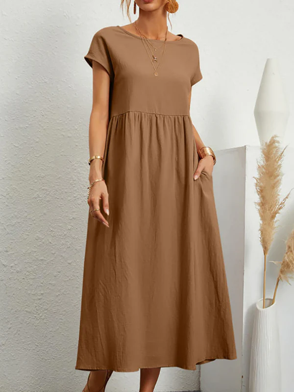 Loose Short Sleeves Pleated Solid Color Round-Neck Midi Dresses - Image 2