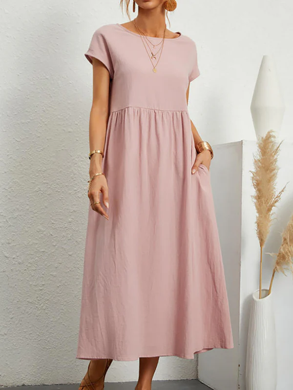 Loose Short Sleeves Pleated Solid Color Round-Neck Midi Dresses - Image 3