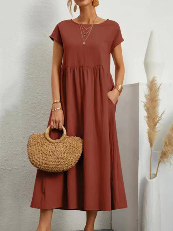 Loose Short Sleeves Pleated Solid Color Round-Neck Midi Dresses - Image 4