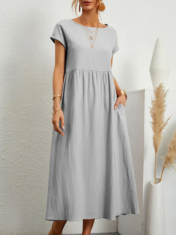 Loose Short Sleeves Pleated Solid Color Round-Neck Midi Dresses - Image 5